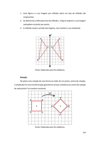 104
1. Uma figura e a sua imagem por reflexão sobre um eixo de reflexão são
congruentes;
2. Se dobrarmos a folha pelo eixo de reflexão r, a figura original e a sua imagem
sobrepõem-se ponto por ponto;
3. A reflexão muda o sentido dos ângulos, mas mantem a sua amplitude.
Fonte: Elaborado para fins didáticos.
Rotação
No plano uma rotação de uma forma ao redor de um ponto, centro da rotação,
e amplitude 𝜃 é uma transformação geométrica tal que a distância ao centro de rotação
de cada ponto P se mantem constante.
Fonte: Elaborado para fins didáticos.
 