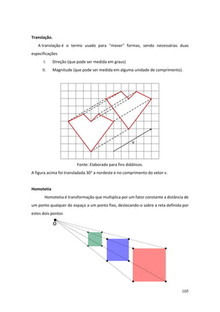 105
Translação.
A translação é o termo usado para "mover" formas, sendo necessárias duas
especificações
I. Direção (que pode ser medida em graus)
II. Magnitude (que pode ser medida em alguma unidade de comprimento).
Fonte: Elaborado para fins didáticos.
A figura acima foi transladada 30° a nordeste e no comprimento do vetor v.
Homotetia
Homotetia é transformação que multiplica por um fator constante a distância de
um ponto qualquer do espaço a um ponto fixo, deslocando-o sobre a reta definida por
estes dois pontos
 
