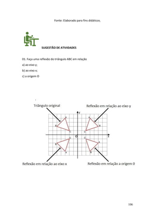 106
Fonte: Elaborado para fins didáticos.
SUGESTÃO DE ATIVIDADES
01. Faça uma reflexão do triângulo ABC em relação
a) ao eixo y;
b) ao eixo x;
c) a origem O
,
 