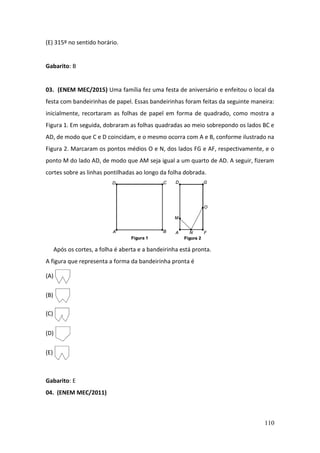 110
(E) 315º no sentido horário.
Gabarito: B
03. (ENEM MEC/2015) Uma família fez uma festa de aniversário e enfeitou o local da
festa com bandeirinhas de papel. Essas bandeirinhas foram feitas da seguinte maneira:
inicialmente, recortaram as folhas de papel em forma de quadrado, como mostra a
Figura 1. Em seguida, dobraram as folhas quadradas ao meio sobrepondo os lados BC e
AD, de modo que C e D coincidam, e o mesmo ocorra com A e B, conforme ilustrado na
Figura 2. Marcaram os pontos médios O e N, dos lados FG e AF, respectivamente, e o
ponto M do lado AD, de modo que AM seja igual a um quarto de AD. A seguir, fizeram
cortes sobre as linhas pontilhadas ao longo da folha dobrada.
Após os cortes, a folha é aberta e a bandeirinha está pronta.
A figura que representa a forma da bandeirinha pronta é
(A)
(B)
(C)
(D)
(E)
Gabarito: E
04. (ENEM MEC/2011)
 