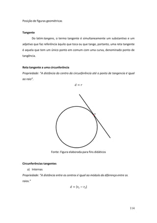 114
Posição de figuras geométricas
Tangente
Do latim tangens, o termo tangente é simultaneamente um substantivo e um
adjetivo que faz referência àquilo que toca ou que tange, portanto, uma reta tangente
é aquela que tem um único ponto em comum com uma curva, denominado ponto de
tangência.
Reta tangente a uma circunferência
Propriedade: “A distância do centro da circunferência até o ponto de tangencia é igual
ao raio”.
𝑑 = 𝑟
Fonte: Figura elaborada para fins didáticos
Circunferências tangentes
a) Internas
Propriedade: “A distância entre os centros é igual ao módulo da diferença entre os
raios.”
𝑑 = |𝑟1 − 𝑟2|
 