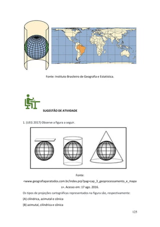 125
Fonte: Instituto Brasileiro de Geografia e Estatística.
SUGESTÃO DE ATIVIDADE
1. (UEG 2017) Observe a figura a seguir.
Fonte:
<www.geografiaparatodos.com.br/index.prp?pag=cap_3_geoprocessamento_e_mapa
s>. Acesso em: 17 ago. 2016.
Os tipos de projeções cartográficas representados na figura são, respectivamente:
(A) cilíndrica, azimutal e cônica
(B) azimutal, cilíndrica e cônica
 
