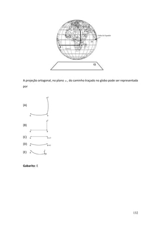 132
A projeção ortogonal, no plano  , do caminho traçado no globo pode ser representada
por
(A)
(B)
(C)
(D)
(E)
Gabarito: E
 