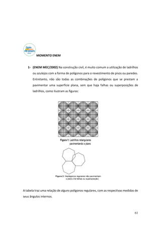61
MOMENTO ENEM
1- (ENEM MEC/2002) Na construção civil, é muito comum a utilização de ladrilhos
ou azulejos com a forma de polígonos para o revestimento de pisos ou paredes.
Entretanto, não são todas as combinações de polígonos que se prestam a
pavimentar uma superfície plana, sem que haja falhas ou superposições de
ladrilhos, como ilustram as figuras:
A tabela traz uma relação de alguns polígonos regulares, com as respectivas medidas de
seus ângulos internos.
 