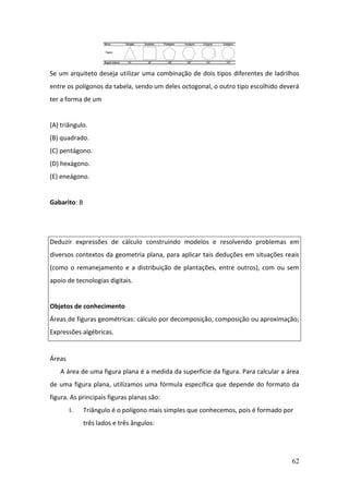 62
Se um arquiteto deseja utilizar uma combinação de dois tipos diferentes de ladrilhos
entre os polígonos da tabela, sendo um deles octogonal, o outro tipo escolhido deverá
ter a forma de um
(A) triângulo.
(B) quadrado.
(C) pentágono.
(D) hexágono.
(E) eneágono.
Gabarito: B
Deduzir expressões de cálculo construindo modelos e resolvendo problemas em
diversos contextos da geometria plana, para aplicar tais deduções em situações reais
(como o remanejamento e a distribuição de plantações, entre outros), com ou sem
apoio de tecnologias digitais.
Objetos de conhecimento
Áreas de figuras geométricas: cálculo por decomposição, composição ou aproximação;
Expressões algébricas.
Áreas
A área de uma figura plana é a medida da superfície da figura. Para calcular a área
de uma figura plana, utilizamos uma fórmula específica que depende do formato da
figura. As principais figuras planas são:
I. Triângulo é o polígono mais simples que conhecemos, pois é formado por
três lados e três ângulos:
 