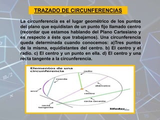 La circunferencia es el lugar geométrico de los puntos
del plano que equidistan de un punto fijo llamado centro
(recordar que estamos hablando del Plano Cartesiano y
es respecto a éste que trabajamos). Una circunferencia
queda determinada cuando conocemos: a)Tres puntos
de la misma, equidistantes del centro. b) El centro y el
radio. c) El centro y un punto en ella. d) El centro y una
recta tangente a la circunferencia.
TRAZADO DE CIRCUNFERENCIAS
 