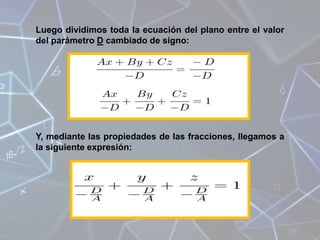 Luego dividimos toda la ecuación del plano entre el valor
del parámetro D cambiado de signo:
Y, mediante las propiedades d...