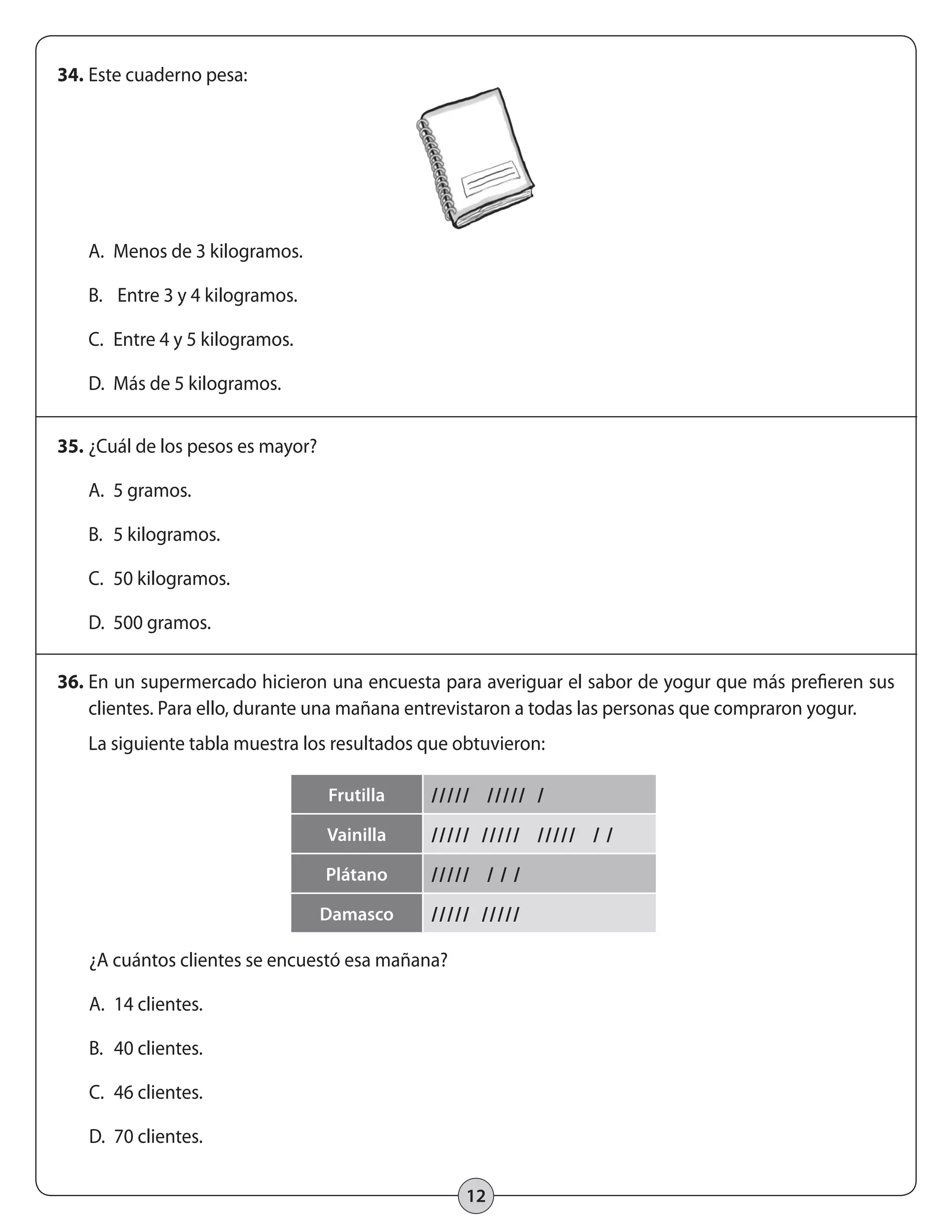 Frutilla ///// ///// / 
Vainilla ///// ///// ///// / / 
Plátano ///// / / / 
Damasco ///// ///// 
12 
34. Este cuaderno pesa: 
A. Menos de 3 kilogramos. 
B. Entre 3 y 4 kilogramos. 
C. Entre 4 y 5 kilogramos. 
D. Más de 5 kilogramos. 
35. ¿Cuál de los pesos es mayor? 
A. 5 gramos. 
B. 5 kilogramos. 
C. 50 kilogramos. 
D. 500 gramos. 
36. En un supermercado hicieron una encuesta para averiguar el sabor de yogur que más prefieren sus 
clientes. Para ello, durante una mañana entrevistaron a todas las personas que compraron yogur. 
La siguiente tabla muestra los resultados que obtuvieron: 
¿A cuántos clientes se encuestó esa mañana? 
A. 14 clientes. 
B. 40 clientes. 
C. 46 clientes. 
D. 70 clientes. 
 