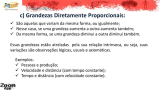 c) Grandezas Diretamente Proporcionais:
 São aquelas que variam da mesma forma, ou igualmente;
 Nesse caso, se uma grandeza aumenta a outra aumenta também;
 Da mesma forma, se uma grandeza diminui a outra diminui também.
Essas grandezas estão atreladas pela sua relação intrínseca, ou seja, suas
variações são observações lógicas, usuais e axiomáticas.
Exemplos:
 Pessoas e produção;
 Velocidade e distância (com tempo constante);
 Tempo e distância (com velocidade constante).
 