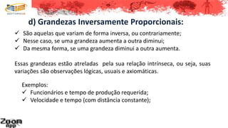 d) Grandezas Inversamente Proporcionais:
 São aquelas que variam de forma inversa, ou contrariamente;
 Nesse caso, se uma grandeza aumenta a outra diminui;
 Da mesma forma, se uma grandeza diminui a outra aumenta.
Essas grandezas estão atreladas pela sua relação intrínseca, ou seja, suas
variações são observações lógicas, usuais e axiomáticas.
Exemplos:
 Funcionários e tempo de produção requerida;
 Velocidade e tempo (com distância constante);
 
