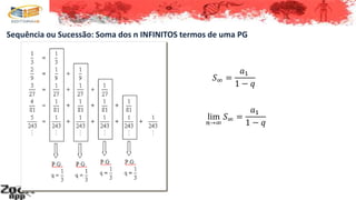 Sequência ou Sucessão: Soma dos n INFINITOS termos de uma PG
𝑆∞ =
𝑎1
1 − 𝑞
lim
𝑛→∞
𝑆∞ =
𝑎1
1 − 𝑞
 
