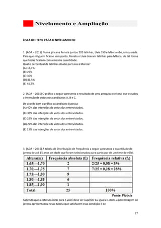 27
LISTA DE ITENS PARA O NIVELAMENTO
1. (ADA – 2015) Numa gincana Renata juntou 220 latinhas, Lívia 350 e Márcia não juntou nada.
Para que ninguém ficasse sem ponto, Renata e Lívia doaram latinhas para Márcia, de tal forma
que todas ficaram com a mesma quantidade.
Qual o percentual de latinhas doado por Lívia à Márcia?
(A) 16,1%
(B) 25%
(C) 30%
(D) 41,5%
(E) 45,7%
2. (ADA – 2015) O gráfico a seguir apresenta o resultado de uma pesquisa eleitoral que estudou
a intenção de votos nos candidatos A, B e C.
De acordo com o gráfico o candidato B possui
(A) 40% das intenções de votos dos entrevistados.
(B) 30% das intenções de votos dos entrevistados.
(C) 25% das intenções de votos dos entrevistados.
(D) 20% das intenções de votos dos entrevistados.
(E) 15% das intenções de votos dos entrevistados.
3. (ADA – 2015) A tabela de Distribuição de Frequência a seguir apresenta a quantidade de
jovens de até 15 anos de idade que foram selecionados para participar de um time de vôlei.
Sabendo que a estatura ideal para o vôlei deve ser superior ou igual a 1,80m, a porcentagem de
jovens apresentados nessa tabela que satisfazem essa condição é de
 