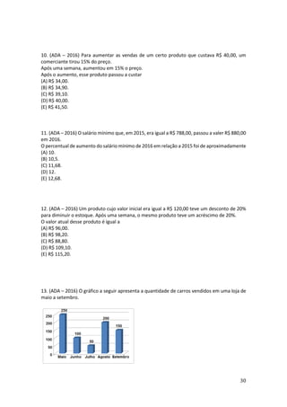 30
10. (ADA – 2016) Para aumentar as vendas de um certo produto que custava R$ 40,00, um
comerciante tirou 15% do preço.
Após uma semana, aumentou em 15% o preço.
Após o aumento, esse produto passou a custar
(A) R$ 34,00.
(B) R$ 34,90.
(C) R$ 39,10.
(D) R$ 40,00.
(E) R$ 41,50.
11. (ADA – 2016) O salário mínimo que, em 2015, era igual a R$ 788,00, passou a valer R$ 880,00
em 2016.
O percentual de aumento do salário mínimo de 2016 em relação a 2015 foi de aproximadamente
(A) 10.
(B) 10,5.
(C) 11,68.
(D) 12.
(E) 12,68.
12. (ADA – 2016) Um produto cujo valor inicial era igual a R$ 120,00 teve um desconto de 20%
para diminuir o estoque. Após uma semana, o mesmo produto teve um acréscimo de 20%.
O valor atual desse produto é igual a
(A) R$ 96,00.
(B) R$ 98,20.
(C) R$ 88,80.
(D) R$ 109,10.
(E) R$ 115,20.
13. (ADA – 2016) O gráfico a seguir apresenta a quantidade de carros vendidos em uma loja de
maio a setembro.
 