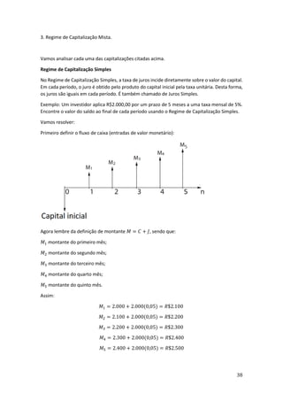38
3. Regime de Capitalização Mista.
Vamos analisar cada uma das capitalizações citadas acima.
Regime de Capitalização Simples
No Regime de Capitalização Simples, a taxa de juros incide diretamente sobre o valor do capital.
Em cada período, o juro é obtido pelo produto do capital inicial pela taxa unitária. Desta forma,
os juros são iguais em cada período. É também chamado de Juros Simples.
Exemplo: Um investidor aplica R$2.000,00 por um prazo de 5 meses a uma taxa mensal de 5%.
Encontre o valor do saldo ao final de cada período usando o Regime de Capitalização Simples.
Vamos resolver:
Primeiro definir o fluxo de caixa (entradas de valor monetário):
Agora lembre da definição de montante 𝑀 = 𝐶 + 𝐽, sendo que:
𝑀1 montante do primeiro mês;
𝑀2 montante do segundo mês;
𝑀3 montante do terceiro mês;
𝑀4 montante do quarto mês;
𝑀5 montante do quinto mês.
Assim:
𝑀1 = 2.000 + 2.000(0,05) = 𝑅$2.100
𝑀2 = 2.100 + 2.000(0,05) = 𝑅$2.200
𝑀3 = 2.200 + 2.000(0,05) = 𝑅$2.300
𝑀4 = 2.300 + 2.000(0,05) = 𝑅$2.400
𝑀5 = 2.400 + 2.000(0,05) = 𝑅$2.500
 