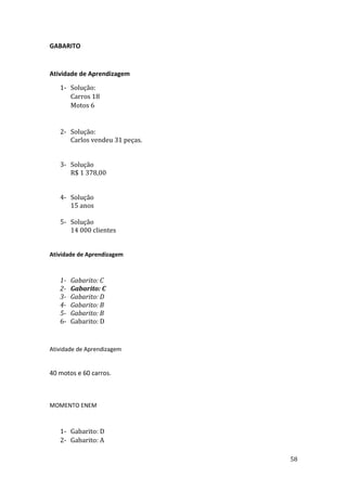 58
GABARITO
Atividade de Aprendizagem
1- Solução:
Carros 18
Motos 6
2- Solução:
Carlos vendeu 31 peças.
3- Solução
R$ 1 378,00
4- Solução
15 anos
5- Solução
14 000 clientes
Atividade de Aprendizagem
1- Gabarito: C
2- Gabarito: C
3- Gabarito: D
4- Gabarito: B
5- Gabarito: B
6- Gabarito: D
Atividade de Aprendizagem
40 motos e 60 carros.
MOMENTO ENEM
1- Gabarito: D
2- Gabarito: A
 