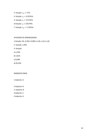 62
3- Solução: 𝑖𝑚 = 27%
4- Solução: 𝑖𝑎 = 0,2036%
5- Solução: 𝑖𝑠 = 9,9104%
6-Solução: 𝑖𝑠 = 250,99%
7- Solução: 𝑖𝑚 = 1,7685%
ATIVIDADE DE APRENDIZAGEM
1-Solução: 5%, 4,76% e 9,09% e 1,05, 1,10 e 1,20
2- Solução: 1,39%
3- Solução:
a) 1,70%
b) 1,81%
c) 8,28%
d) 20,10%
MOMENTO ENEM
1-Gabarito: A
2-Gabarito: B
3- Gabarito: B
4-Gabarito: C
5-Gabarito: A
 