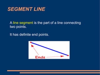 SEGMENT LINE
A line segment is the part of a line connecting
two points.
It has definite end points.
