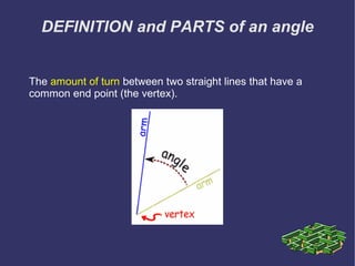 DEFINITION and PARTS of an angle
The amount of turn between two straight lines that have a
common end point (the vertex).
 