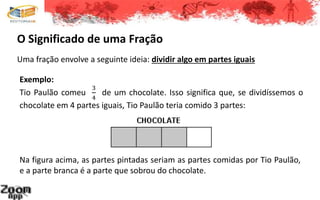 O Significado de uma Fração
Uma fração envolve a seguinte ideia: dividir algo em partes iguais
Exemplo:
Tio Paulão comeu
3
4
de um chocolate. Isso significa que, se dividíssemos o
chocolate em 4 partes iguais, Tio Paulão teria comido 3 partes:
Na figura acima, as partes pintadas seriam as partes comidas por Tio Paulão,
e a parte branca é a parte que sobrou do chocolate.
 