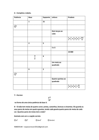 968839140 – espacocrescer2012@gmail.com
6 – Completa a tabela.
Potência Base Expoente Leitura Produto
1 21
( )2
Dois terços ao
cubo
x x x x =
2 5
5 x 5
10 000
4
Um meio ao
quadrado
6 2
( )3
Quatro quintos ao
quadrado
x x x =
7 – Escreve
na forma de uma única potência de base 3.
8 – O João tem meias de quatro cores: pretas, castanhas, brancas e cinzentas. Ele guarda os
seus pares de meias em quatro gavetas, tendo cada gaveta quatro pares de meias de cada
cor. Quantos pares de meias tem o João?
Assinala com um x a opção correta
 42
26
 4+42
 4+4+4
 