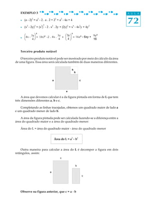 EXEMPLO 3                                                                    A U L A

    l


          2
              2


                  2
                      2


                          2 2   2
                                    2    2
        (a - 2) = a - 2 . a . 2 + 2 = a - 4a + 4
                                              2    4      2   2
                                                                                 72
    l   (x - 2y) = (x ) - 2 . x . 2y + (2y) = x - 4x y + 4y

        æ        ö²                3y   æ3yö ²
         4x - 3y = (4x)² -2 . 4x .    +        = 16x² - 6xy + 9y²
    l
        è      4 ø                  4   è4ø                   16



    Terceiro produto notável

    O terceiro produto notável pode ser mostrado por meio do cálculo da área
de uma figura. Essa área será calculada também de duas maneiras diferentes.




     A área que devemos calcular é a da figura pintada em forma de L que tem
três dimensões diferentes a, b e c.

    Completando as linhas tracejadas, obtemos um quadrado maior de lado a
e um quadrado menor de lado b.

    A área da figura pintada pode ser calculada fazendo-se a diferença entre a
área do quadrado maior e a área do quadrado menor:

    Área do L = área do quadrado maior - área do quadrado menor


                                    Área do L = a2 - b2


    Outra maneira para calcular a área do L é decompor a figura em dois
retângulos, assim:




    Observe na figura anterior, que c = a - b
 