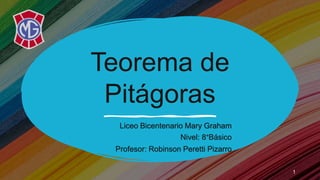 Teorema de
Pitágoras
Liceo Bicentenario Mary Graham
Nivel: 8°Básico
Profesor: Robinson Peretti Pizarro
1
 