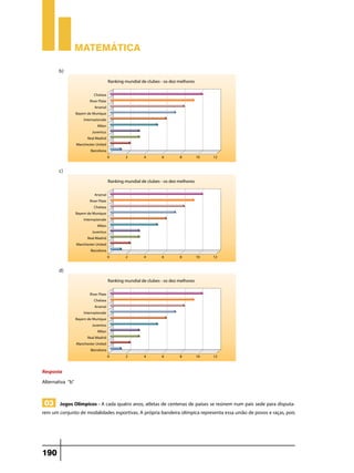 Matemática

       b)	




       c)	




       d)	




Resposta
Alternativa “b”


 03 Jogos Olímpicos - A cada quatro anos, atletas de centenas de países se reúnem num país sede para disputa-
rem um conjunto de modalidades esportivas. A própria bandeira olímpica representa essa união de povos e raças, pois




190
 