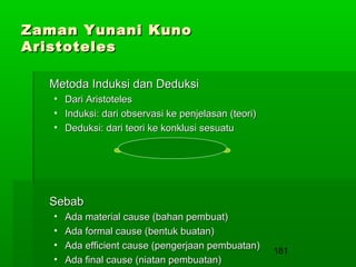 Zaman Yunani Kuno
Aristoteles
Metoda Induksi dan Deduksi
•
•
•

Dari Aristoteles
Induksi: dari observasi ke penjelasan (teori)
Deduksi: dari teori ke konklusi sesuatu

Sebab
•
•
•
•

Ada material cause (bahan pembuat)
Ada formal cause (bentuk buatan)
Ada efficient cause (pengerjaan pembuatan)
Ada final cause (niatan pembuatan)

181

 