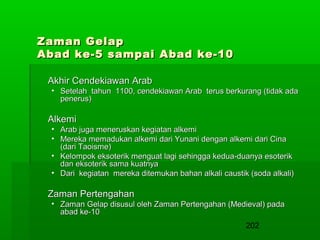 Zaman Gelap
Abad ke-5 sampai Abad ke-10
Akhir Cendekiawan Arab

• Setelah tahun 1100, cendekiawan Arab terus berkurang (tidak ada
penerus)

Alkemi

• Arab juga meneruskan kegiatan alkemi
• Mereka memadukan alkemi dari Yunani dengan alkemi dari Cina
(dari Taoisme)
• Kelompok eksoterik menguat lagi sehingga kedua-duanya esoterik
dan eksoterik sama kuatnya
• Dari kegiatan mereka ditemukan bahan alkali caustik (soda alkali)

Zaman Pertengahan

• Zaman Gelap disusul oleh Zaman Pertengahan (Medieval) pada
abad ke-10

202

 
