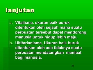 lanjutan
a. Vitalisme, ukuran baik buruk
ditentukan oleh sejauh mana suatu
perbuatan tersebut dapat mendorong
manusia untuk hidup lebih maju.
b. Ultitarianisme, Ukuran baik buruk
ditentukan oleh ada tidaknya suatu
perbuatan mendatangkan manfaat
bagi manusia.
35

 