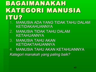 BAGAIMANAKAH
KATEGORI MANUSIA
ITU?

1. MANUSIA ADA YANG TIDAK TAHU DALAM
KETIDAKAHUANNYA
2. MANUSIA TIDAK TAHU DALAM
KETAHUANNYA
3. MANUSIA TAHU AKAN
KETIDAKTAHUANNYA
4. MANUSIA TAHU AKAN KETAHUANNYA
Kategori manakah yang paling baik?

49

 