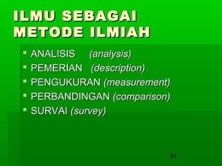 ILMU SEBAGAI
METODE ILMIAH






ANALISIS (analysis)
PEMERIAN (description)
PENGUKURAN (measurement)
PERBANDINGAN (comparison)
SURVAI (survey)

64

 