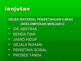 lanjutan
OBJEK MATERIAL PENGETAHUAN ILMIAH
DIKELOMPOKAN MENJADI 6:








IDE ABSTRAK
BENDA FISIK
JASAD HIDUP
GEJALA ROHANI
PERISTIWA SOSIAL
PROSES TANDA

75

 