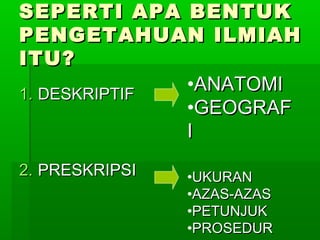 SEPERTI APA BENTUK
PENGETAHUAN ILMIAH
ITU?
•ANATOMI
1. DESKRIPTIF
•GEOGRAF
I
2. PRESKRIPSI

•UKURAN
•AZAS-AZAS
•PETUNJUK
78
•PROSEDUR

 