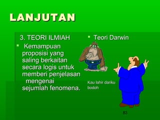 LANJUTAN
3. TEORI ILMIAH
 Kemampuan
proposisi yang
saling berkaitan
secara logis untuk
memberi penjelasan
mengenai
sejumlah fenomena.

 Teori Darwin

Kau lahir dariku
bodoh

83

 