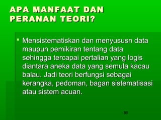 APA MANFAAT DAN
PERANAN TEORI?
 Mensistematiskan dan menyususn data
maupun pemikiran tentang data
sehingga tercapai pertalian yang logis
diantara aneka data yang semula kacau
balau. Jadi teori berfungsi sebagai
kerangka, pedoman, bagan sistematisasi
atau sistem acuan.
85

 