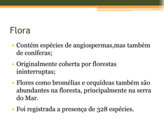 Flora
• Contém espécies de angiospermas,mas também
de coníferas;
• Originalmente coberta por florestas
ininterruptas;
• Flores como bromélias e orquídeas também são
abundantes na floresta, principalmente na serra
do Mar.
• Foi registrada a presença de 328 espécies.
 
