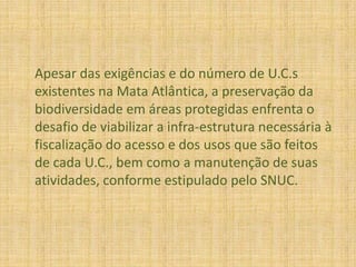     Apesar das exigências e do número de U.C.s existentes na Mata Atlântica, a preservação da biodiversidade em áreas protegidas enfrenta o desafio de viabilizar a infra-estrutura necessária à fiscalização do acesso e dos usos que são feitos de cada U.C., bem como a manutenção de suas atividades, conforme estipulado pelo SNUC. 