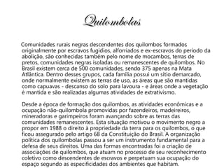 Quilombolas  Comunidades rurais negras descendentes dos quilombos formados originalmente por escravos fugidios, alforriados e ex-escravos do período da abolição, são conhecidas também pelo nome de mocambos, terras de pretos, comunidades negras isoladas ou remanescentes de quilombos. No Brasil existem cerca de 500 comunidades, sendo 375 apenas na Mata Atlântica. Dentro desses grupos, cada família possui um sítio demarcado, onde normalmente existem as terras de uso, as áreas que são mantidas como capuavas - descanso do solo para lavoura - e áreas onde a vegetação é mantida e são realizadas algumas atividades de extrativismo. Desde a época de formação dos quilombos, as atividades econômicas e a ocupação não-quilombola promovidas por fazendeiros, madeireiros, mineradoras e garimpeiros foram avançando sobre as terras das comunidades remanescentes. Esta situação motivou o movimento negro a propor em 1988 o direito à propriedade da terra para os quilombos, o que ficou assegurado pelo artigo 68 da Constituição do Brasil. A organização política dos quilombolas passou a ser um instrumento fundamental para a defesa de seus direitos. Uma das formas encontradas foi a criação de associações de quilombos, que atuam no processo de seu reconhecimento coletivo como descendentes de escravos e perpetuam sua ocupação do espaço segundo as especificidades dos ambientes que habitam.  