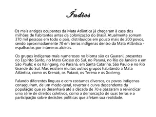 Índios Os mais antigos ocupantes da Mata Atlântica já chegaram à casa dos milhões de habitantes antes da colonização do Brasil. Atualmente somam 370 mil pessoas em todo o país, distribuídos em pouco mais de 200 povos, sendo aproximadamente 70 em terras indígenas dentro da Mata Atlântica - espalhados por inúmeras aldeias. Os grupos indígenas mais numerosos no bioma são os Guarani, presentes no Espírito Santo, no Mato Grosso do Sul, no Paraná, no Rio de Janeiro e em São Paulo; e os Kaingang, no Paraná, em Santa Catarina, São Paulo e no Rio Grande do Sul. Mas existem muitos outros grupos habitando a Mata Atlântica, como os Krenak, os Pataxó, os Terena e os Xocleng. Falando diferentes línguas e com costumes diversos, os povos indígenas conseguiram, de um modo geral, reverter a curva descendente da população que se desenhava até a década de 70 e passaram a reivindicar uma série de direitos coletivos, como a demarcação de suas terras e a participação sobre decisões políticas que afetam sua realidade.  