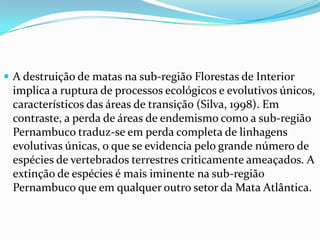 A destruição de matas na sub-região Florestas de Interior
implica a ruptura de processos ecológicos e evolutivos únicos,
característicos das áreas de transição (Silva, 1998). Em
contraste, a perda de áreas de endemismo como a sub-região
Pernambuco traduz-se em perda completa de linhagens
evolutivas únicas, o que se evidencia pelo grande número de
espécies de vertebrados terrestres criticamente ameaçados. A
extinção de espécies é mais iminente na sub-região
Pernambuco que em qualquer outro setor da Mata Atlântica.
 
