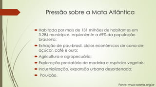 Pressão sobre a Mata Atlântica
 Habitada por mais de 131 milhões de habitantes em
3.284 municípios, equivalente a 69% da população
brasileira;
 Extração de pau-brasil, ciclos econômicos de cana-de-
açúcar, café e ouro;
 Agricultura e agropecuária;
 Exploração predatória de madeira e espécies vegetais;
 Industrialização, expansão urbana desordenada;
 Poluição.
Fonte: www.sosma.org.br
 