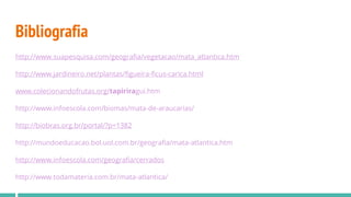 Bibliografia
http://www.suapesquisa.com/geografia/vegetacao/mata_atlantica.htm
http://www.jardineiro.net/plantas/figueira-ficus-carica.html
www.colecionandofrutas.org/tapiriragui.htm
http://www.infoescola.com/biomas/mata-de-araucarias/
http://biobras.org.br/portal/?p=1382
http://mundoeducacao.bol.uol.com.br/geografia/mata-atlantica.htm
http://www.infoescola.com/geografia/cerrados
http://www.todamateria.com.br/mata-atlantica/
 