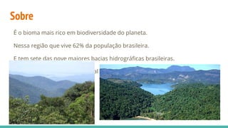 Sobre
É o bioma mais rico em biodiversidade do planeta.
Nessa região que vive 62% da população brasileira.
E tem sete das nove maiores bacias hidrográficas brasileiras.
Ele ocupa toda faixa continental atlântica leste brasileira.
 