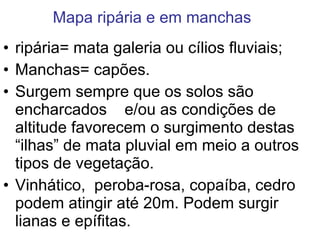 Mapa ripária e em manchas ripária= mata galeria ou cílios fluviais; Manchas= capões. Surgem sempre que os solos são encharcados  e/ou as condições de altitude favorecem o surgimento destas “ilhas” de mata pluvial em meio a outros tipos de vegetação. Vinhático,  peroba-rosa, copaíba, cedro podem atingir até 20m. Podem surgir lianas e epífitas. 