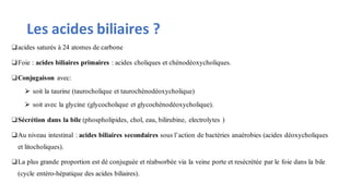 Les acides biliaires ?
❑acides saturés à 24 atomes de carbone
❑Foie : acides biliaires primaires : acides choliques et chénodéoxycholiques.
❑Conjugaison avec:
⮚ soit la taurine (taurocholique et taurochénodéoxycholique)
⮚ soit avec la glycine (glycocholique et glycochénodéoxycholique).
❑Sécrétion dans la bile (phospholipides, chol, eau, bilirubine, electrolytes )
❑Au niveau intestinal : acides biliaires secondaires sous l’action de bactéries anaérobies (acides déoxycholiques
et litocholiques).
❑La plus grande proportion est dé conjuguée et réabsorbée via la veine porte et resécrétée par le foie dans la bile
(cycle entéro-hépatique des acides biliaires).
 