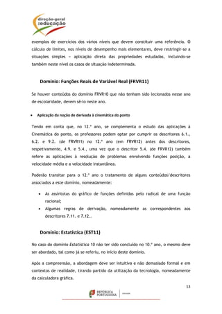 13
exemplos de exercícios dos vários níveis que devem constituir uma referência. O
cálculo de limites, nos níveis de desempenho mais elementares, deve restringir-se a
situações simples − aplicação direta das propriedades estudadas, incluindo-se
também neste nível os casos de situação indeterminada.
Domínio: Funções Reais de Variável Real (FRVR11)
Se houver conteúdos do domínio FRVR10 que não tenham sido lecionados nesse ano
de escolaridade, devem sê-lo neste ano.
 Aplicação da noção de derivada à cinemática do ponto
Tendo em conta que, no 12.º ano, se complementa o estudo das aplicações à
Cinemática do ponto, os professores podem optar por cumprir os descritores 6.1.,
6.2. e 9.2. (de FRVR11) no 12.º ano (em FRVR12) antes dos descritores,
respetivamente, 4.9. e 5.4., uma vez que o descritor 5.4. (de FRVR12) também
refere as aplicações à resolução de problemas envolvendo funções posição, a
velocidade média e a velocidade instantânea.
Poderão transitar para o 12.º ano o tratamento de alguns conteúdos/descritores
associados a este domínio, nomeadamente:
 As assíntotas do gráfico de funções definidas pelo radical de uma função
racional;
 Algumas regras de derivação, nomeadamente as correspondentes aos
descritores 7.11. e 7.12..
Domínio: Estatística (EST11)
No caso do domínio Estatística 10 não ter sido concluído no 10.º ano, o mesmo deve
ser abordado, tal como já se referiu, no início deste domínio.
Após a compreensão, a abordagem deve ser intuitiva e não demasiado formal e em
contextos de realidade, tirando partido da utilização da tecnologia, nomeadamente
da calculadora gráfica.
 