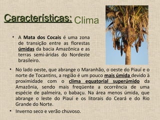 Características: Clima
  • A Mata dos Cocais é uma zona
    de transição entre as florestas
    úmidas da bacia Amazônica e as
    terras semi-áridas do Nordeste
    brasileiro.
 • No lado oeste, que abrange o Maranhão, o oeste do Piauí e o
   norte de Tocantins, a região é um pouco mais úmida devido à
   proximidade com o clima equatorial superúmido da
   Amazônia, sendo mais freqüente a ocorrência de uma
   espécie de palmeira, o babaçu. Na área menos úmida, que
   abrange o leste do Piauí e os litorais do Ceará e do Rio
   Grande do Norte.
 • Inverno seco e verão chuvoso.
 