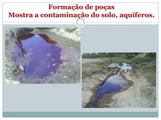Formação de poças
Mostra a contaminação do solo, aquíferos.
 