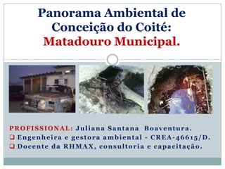 Panorama Ambiental de
        Conceição do Coité:
       Matadouro Municipal.




PROFISSIONAL: Juliana Santana Boaventura.
 Engenheira e gestora ambiental - CREA-46615/D.
 Docente da RHMAX, consultoria e capacitação.
 